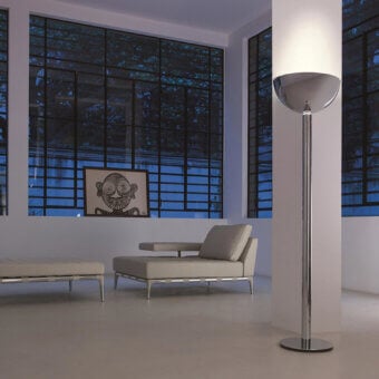 Superior Nemo AM2 floor lamp crafted in Italy with a glossy silver finish and translucent hand-blown glass diffuser