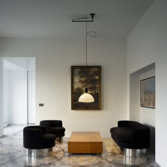 Elegant Nemo Lighting AS41 suspension lamp crafted in Italy with satin black metal and hand-blown glass diffusers for balanced illumination
