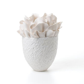 Stunning FOS Ceramiche Fiordimar vase crafted from white biscuit porcelain with undulating petal-like form and textured matte finish