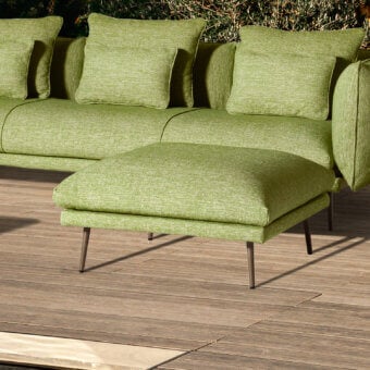 Sophisticated MY YOUR Piuma ottoman with muted green outdoor fabric upholstery and highlighted stitching