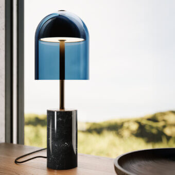 Elegant VENICEM Doma lamp with glossy deep blue Murano glass shade and polished dark grey stone base crafted in dark bronze metal