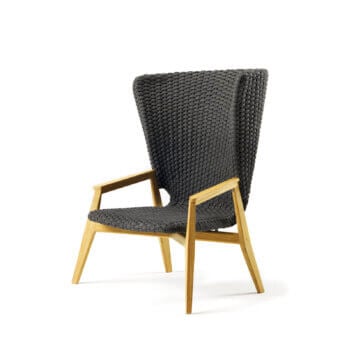 Exceptional Ethimo Knit lounge chair with a hand-finished teak frame and dark gray woven rope backrest crafted in Italian design