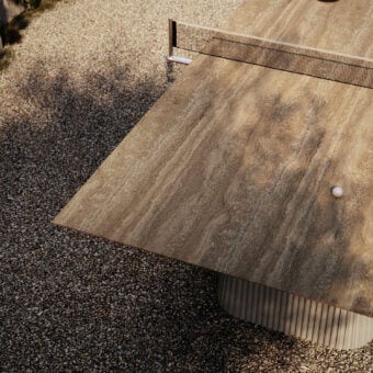 Distinguished Vismara Egeo table-tennis table with ceramic stone effect tabletop in Classic Travertino beige and concrete effect legs