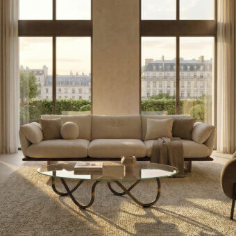 Distinguished Borzalino Connor sofa upholstered in matte neutral beige textile with a dark-toned base crafted in Italy