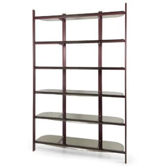 Architectural Borzalino Petra bookcase with reddish-brown wood and subtly curved gray-tinted transparent tempered glass shelves in a satin finish