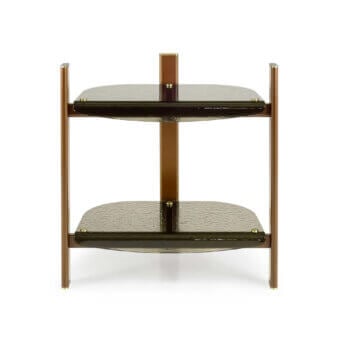 Architectural Borzalino Petra nightstand with bronze metal frame and gently undulating tempered glass shelves in deep olive green hues with satin gloss finish
