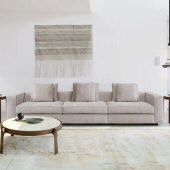 Superior CTS Salotti Clay Square sofa with matte light gray textile upholstery and contrasting stained beech base