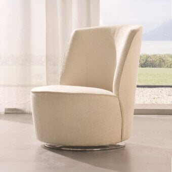 Exquisite CTS Salotti Cocoon lounge chair fully upholstered in textured neutral beige textile with a sleek metal swivel base