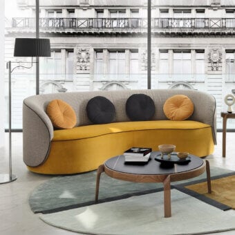 Exceptional CTS Salotti Fusion sofa with muted gray textile upholstery, vibrant mustard yellow base and black burnt orange cushions