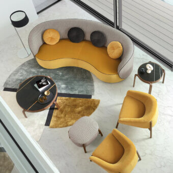 Harmonious CTS Salotti Fusion sofa with textured gray textile upholstery, yellow accent cushions and dark gray detailing