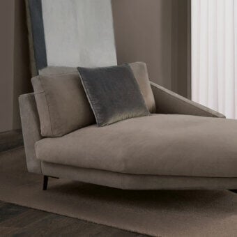 Superior CTS Salotti Urban chaise lounge with soft taupe textile upholstery and sleek aluminum base construction