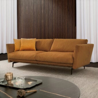 Captivating CTS Salotti Urban sofa with golden-brown leather-like upholstery and sleek aluminum legs crafted for refined interiors
