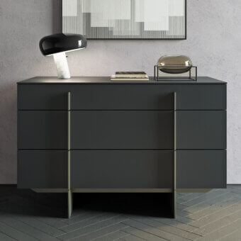 Distinguished Dallagnese Katana dresser with dark gray matte finish, sculpted metal base and six soft-close drawers crafted in Italy