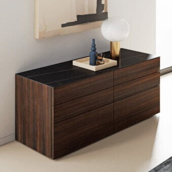 Distinguished Dallagnese Lama dresser with dark brown wood and satin finish maintains architectural lines through flush-front drawers
