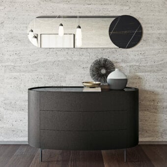 Distinguished Dallagnese Ronda dresser crafted in wood with a matte dark gray finish and slender tapered metal legs