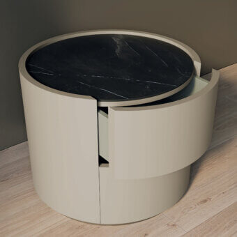 Elegant Dallagnese Ronda nightstand in beige-grey with a matte finish and contrasting black stone tabletop built with integrated drawers