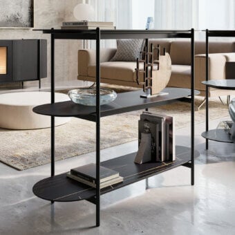 Distinguished Dallagnese Supernova bookcase crafted with dark wood and matte black metal creating a visually light form