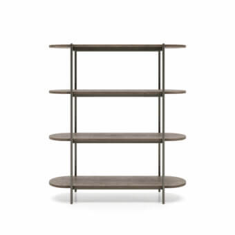 Elegant Dallagnese Supernova bookcase with matte medium-brown wood shelving and dark gray metal framing in a refined finish