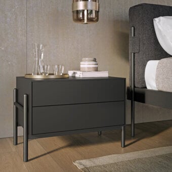 Exceptional Dallagnese Supernova nightstand with dark gray matte finish and striking painted metal rod base crafted in Italy