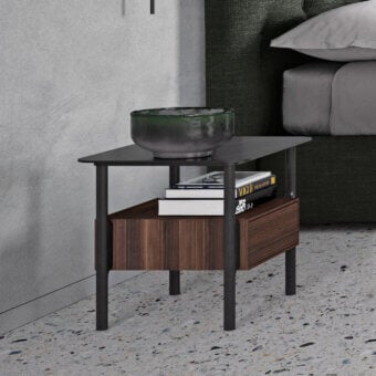 Superior Dallagnese Tepu nightstand built with medium-toned brown ash wood and satin-finish dark matte black metal legs