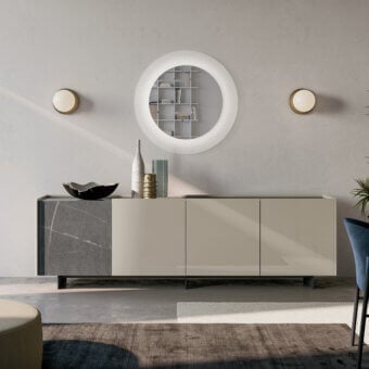 Distinctive Dallagnese Wrap Sideboard with stoneware top and wood doors in a neutral beige/light gray finish crafted in Italy