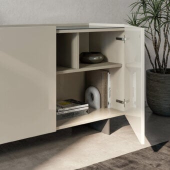 Distinguished Dallagnese Wrap Sideboard with sage green wood and extending stoneware top crafted in Italy