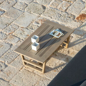 Exceptional Ethimo Costes coffee table crafted in FSC-certified natural teak with a pickled and satin finish