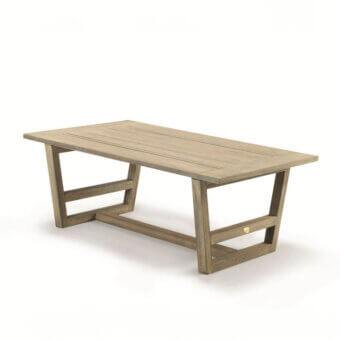 Superior Ethimo Costes coffee table crafted in FSC-certified natural teak with light beige-brown tone and beautiful wood grain