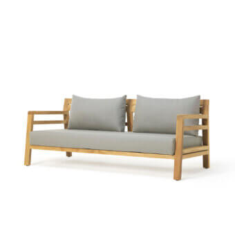 Distinguished Ethimo Costes sofa crafted with FSC-certified teak in a natural finish and light gray cushions