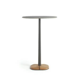 Distinguished Ethimo Enjoy Bar Table with muted gray tabletop and dark gray conical metal built with natural teak base cover in satin finish