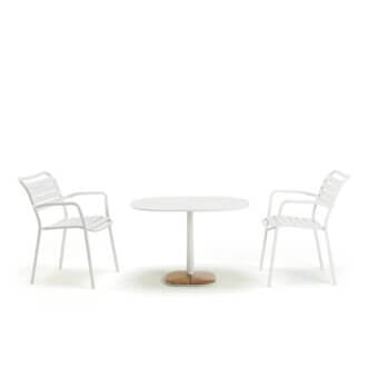 Elegant Ethimo Enjoy lounge table with conical metal structure and matte white ceramic tabletop in warm natural teak