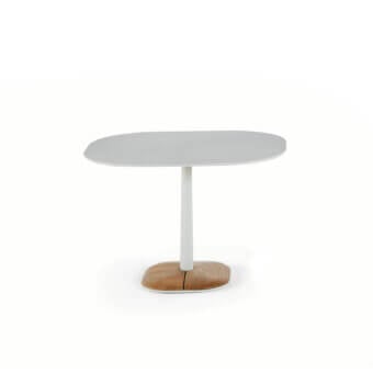 Superior Ethimo Enjoy lounge table with light gray ceramic top and satin white conical metal built with natural teak