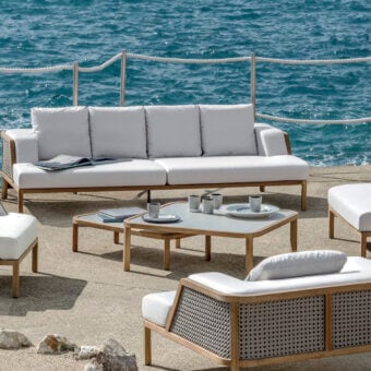 Refined Ethimo Grand Life coffee table crafted in Italy with warm light brown wood and a satin finish