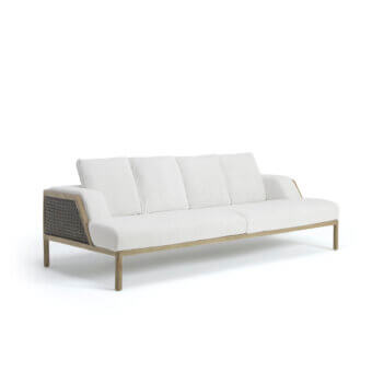 Distinguished Ethimo Grand Life sofa crafted in Italy with warm wood and light satin finish, showcasing off-white textured cushions with woven side panels