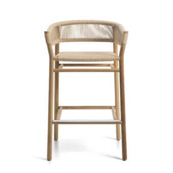 Exceptional Ethimo Kilt stool crafted with FSC-certified teak and natural fiber weave in light brown with a neutral beige seat and backrest