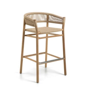 Distinguished Ethimo Kilt stool crafted with FSC-certified teak and natural fibre weave in warm brown with light beige textile