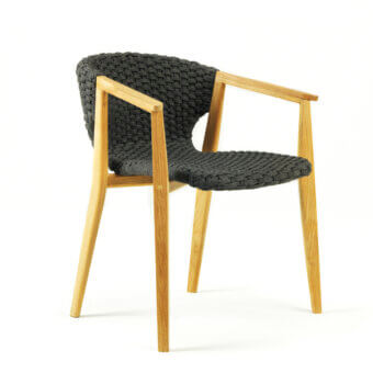 Exceptional Ethimo Knit armchair with dark gray woven rope and a hand-finished FSC-certified teak frame