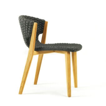 Exceptional Ethimo Knit chair with FSC-certified teak frame and dark gray high-density woven rope construction