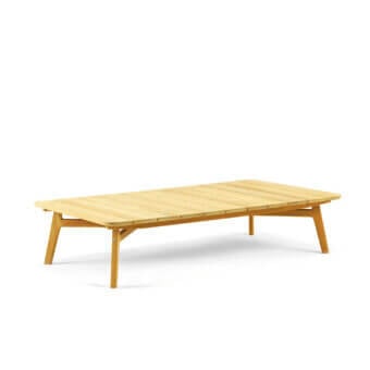 Elegant Ethimo Knit coffee table crafted in FSC-certified teak with a smooth satin finish and light honey tone