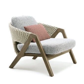Elegant Ethimo Knit lounge chair with teak wood frame and sophisticated woven gray rope backrest