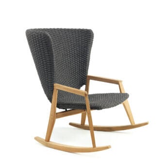 Superior Ethimo Knit rocking lounge chair with dark charcoal gray woven rope and satin teak frame