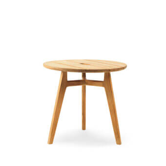 Refined Ethimo Knit side table in medium-toned brown teak wood with a satin finish crafted in Italy