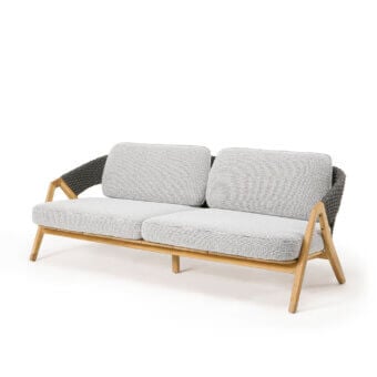 Exceptional Ethimo Knit sofa with sinuous teak frame and sophisticated light gray woven textile upholstery crafted in Italy