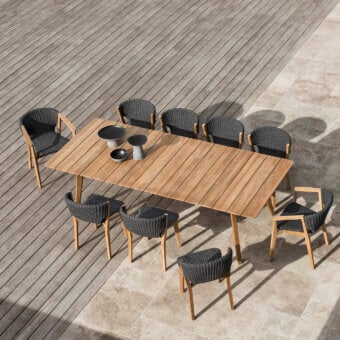 Superior Ethimo Knit table crafted in medium-brown teak with a satin finish delivering minimalist elegance