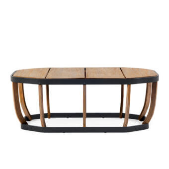 Captivating Ethimo Swing coffee table crafted with warm brown teak wood and a dark matte metal frame