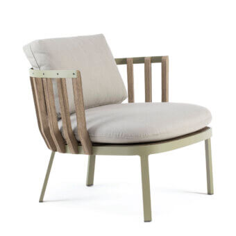 Captivating Ethimo Swing lounge chair with light olive-green metal, teak slats and plush light beige cushions
