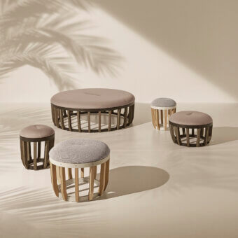 Exceptional Ethimo Swing ottoman with teak-slatted base and muted rose upholstery in a satin finish