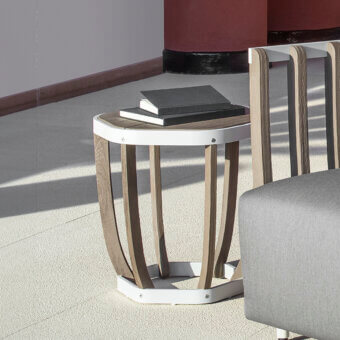 Harmonious Ethimo Swing side table in white and teak wood with a satin finish on wood and smooth matte components