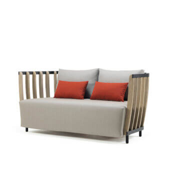 Exceptional Ethimo Swing sofa with a metal frame, teak slats, light gray matte textile upholstery and reddish-orange textured pillows