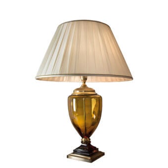 Elegant Laudarte Aurelia table lamp crafted in bronze with a 24K French gold plated finish and clear crystal base